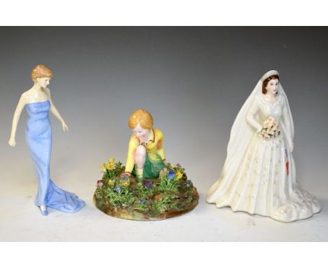 Royal Worcester figure - Her Majesty Queen Elizabeth II, and Royal Doulton figure - Diana Princess of Wales, and a Crown Staf