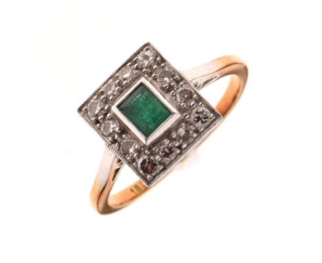 Yellow metal and platinum dress ring set central square-cut emerald within a square border of small diamond brilliants, shank