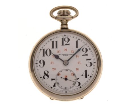 Tissot - Early 20th Century chromium-plated open face pocket watch, white Arabic dial with subsidiary at 6, red inner 24 hour