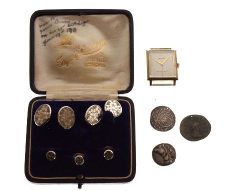 Early 20th Century cased set of silver cufflinks and collar studs, together with a gold-plated Bulova Art Deco rectangular wa