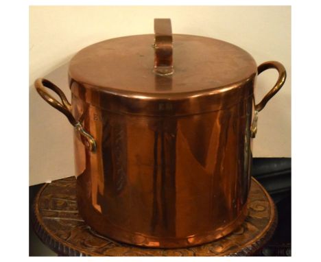 Vintage copper two handled cylindrical cooking pot and cover, both parts stamped E.M, overall height 34cm  