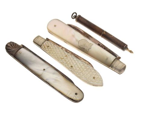 Three mother-of-pearl handled penknives, together with a retractable pick  