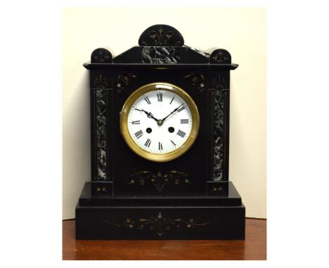 Late 19th Century French black slate and green marble two-train mantel clock, 36cm high  