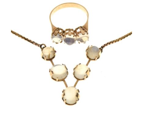 9ct gold pendant set six moonstone cabochons in V formation, with brick-link fine chain, together with a similar three-stone 
