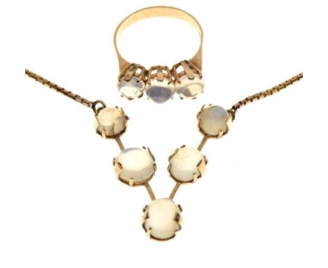 9ct gold pendant set six moonstone cabochons in V formation, with brick-link fine chain, together with a similar three-stone 