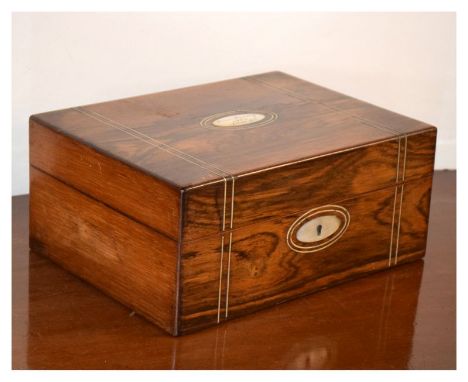 Dated Victorian inlaid rosewood sewing box, the hinged cover with central mother-of-pearl oval tablet inscribed 'Maria Massey