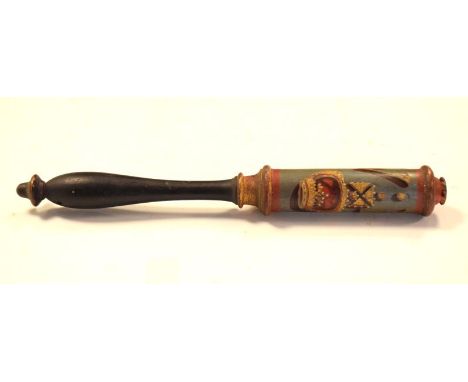 Early Victorian painted wooden truncheon or tipstaff, the cylindrical head with gilt crown and initials VR to an ebonised bal