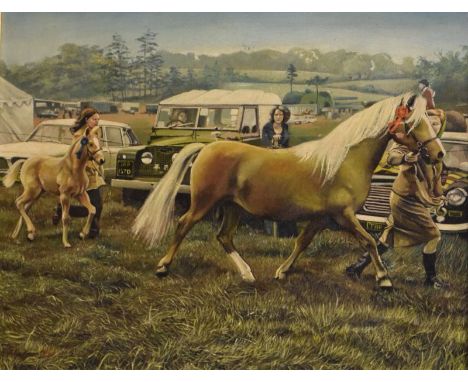 Eleanor Kirk - Oil on canvas - Priddy Fair, horses being led towards a show ring with a Series 1 Land Rover in the background