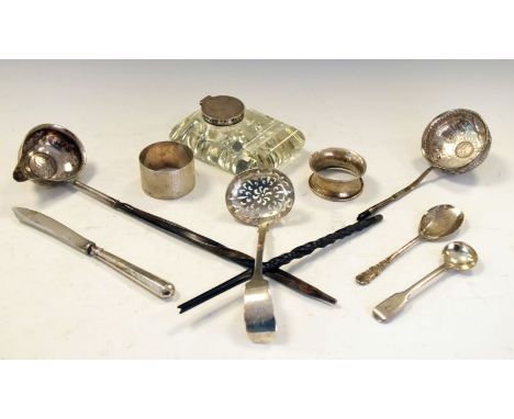 Collection of silver items to include a Victorian sifting spoon, London 1861, Victorian silver topped glass inkwell Birmingha