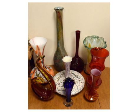 Assorted coloured glassware, together with a ceramic vase inscribed beneath 'D. Sherwin 2001 colour trial silver fish', 25cm 