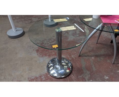 Glass round table with silver single pedestal base, tabletop approx. 700mm diameterThis is the first of a series of sales com