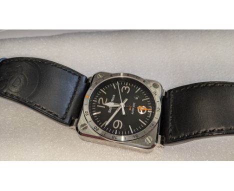 Bell &amp; Ross watch engraved "BR03-93-S-00851" on the rear. Stainless steel on leather strap, automatic movement, includes 