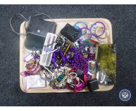 A tray of assorted costume jewellery, pens, cased camera, etc 