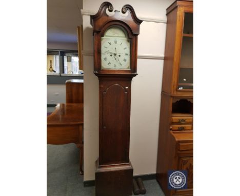 A George III oak eight day longcase clock with painted dial signed John Brown, Aberdeen, with two weights and pendulum, heigh