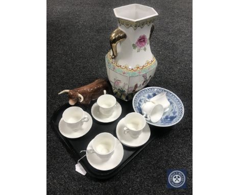 A tray of Japanese vase, blue and white bowl, china figure of a bull and six Royal Albert bone china cups and saucers 