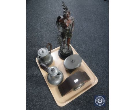 A tray containing spelter figure, plated, lidded pot, two pewter teapots, early 20th century oak Smiths mantel clock