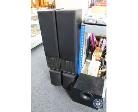 A pair of Acoustic Solutions towers speakers, pair of Mordaunt Short Avino 1 speakers and a Logitec PC speaker 