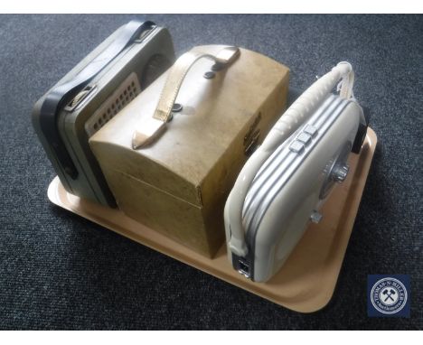 A tray containing a vintage Roberts Sky Casket radio together with three other vintage radios