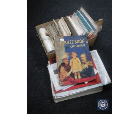 A box containing a quantity of vintage postcards, ephemera, maps, guide books etc together with a quantity of Royal Family ep