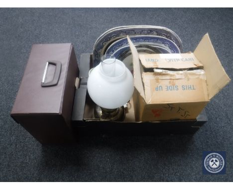 A box of antique meat plates, 20th century health lamp, Maling storm jug, a case of LP records and a converted oil lamp 