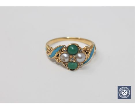 An antique diamond, seed pearl, turquoise and enamel ring, size M