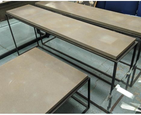 CONSOLE TABLE, 160cm x 37cm x 70cm, metal frame base, stone top. 