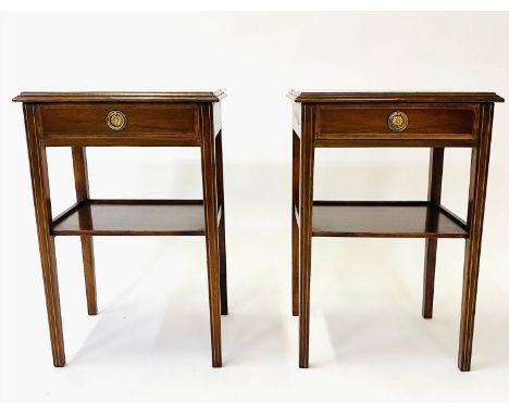LAMP TABLES, a pair, George III design mahogany and satinwood crosbanded and inset each with drawer and undertier, 41cm W x 3
