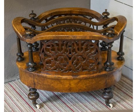 CANTERBURY, 53cm H x 68cm W x 46cm D, Victorian burr walnut, circa 1860 of oval outline with drawer on ceramic castors. 