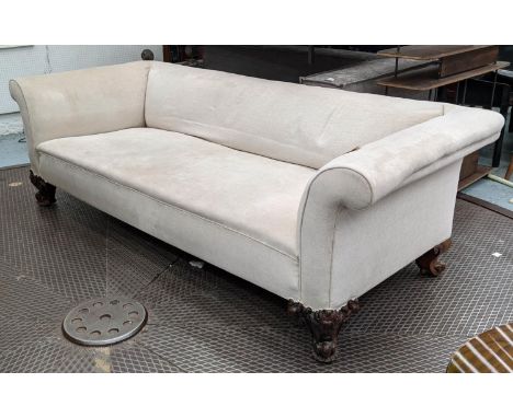 SOFA, Victorian walnut, with cream upholstery throughout, three to four seater, carved feet to front and back brass castors, 