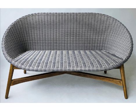 CONSERVATORY SOFA, grey rattan and cane effect, with splayed supports, 140cm W. 