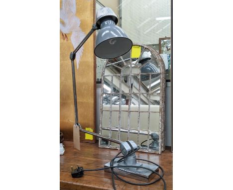 COVERTED ADJUSTABLE MACHINISTS LAMP, British patent '880615' grey fittings and a steel body, 125cm. 