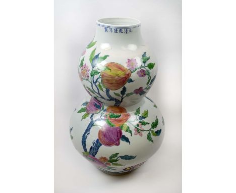 CHINESE DOUBLE GOURD VASE, of substantial size, peach blossom design painted ceramic, 81cm H. 