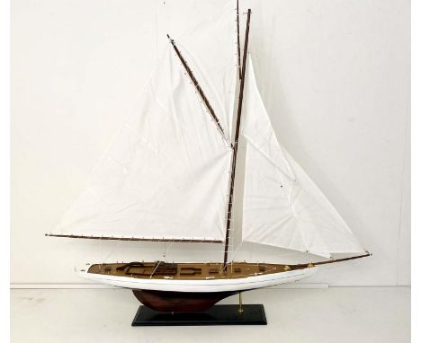 SAILING BOAT MODEL, 150cm H x 150cm L x 21cm W, wooden frame, black plinth base. 