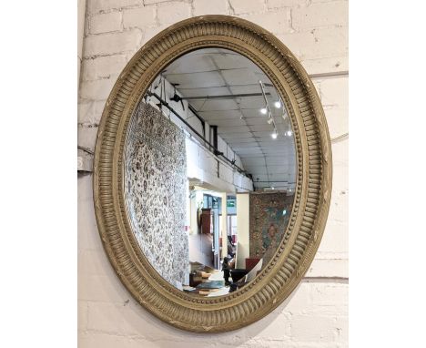 WALL MIRRORS, 86cm x 65cm, a pair, Louis XVI style grey painted with oval bevelled plates. (2) 