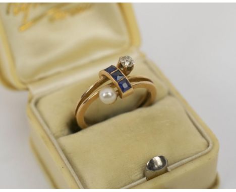 RING, diamond, sapphire and pearl set dress ring, yellow metal shank, probably 18ct, the single stone diamond of approx. 0.15