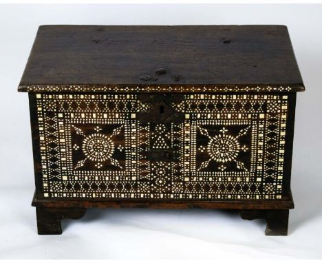 SMALL TRUNK, 42cm H x 65cm W x 37cm D, 19th century North African teak and mother of pearl, with iron handles. 