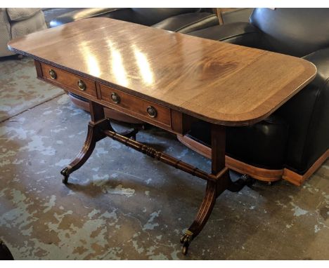 SOFA TABLE, 137cm open x 71cm H x 62cm D early 20th century mahogany drop flap with two drawers below and two false to the re