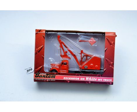 SCHIELD BANTAM COMPANY 1 :50 SCALE EXCAVATOR ON WHITE WC22 BANTAM BACKHOE TRUCK WITH BOX