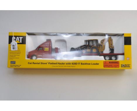 NORSCOT 1:50 SCALE CAT RENTAL STORE FLATBED HAULER WITH 420D IT BACKHOE LOADER WITH BOX (VGC)