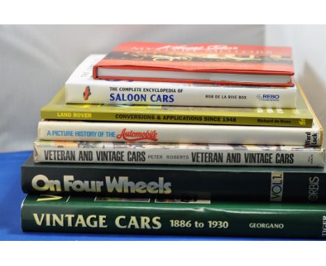 7 BOOKS INCLUDING VINTAGE CARS/ON FOUR WHEELS/ LAND ROVER/SALOON CARS/MYSTERY MOTORS ALL IN (VGC) 