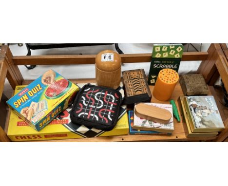 An inlaid folding cribbage board, Speers games, chess set &amp; playing cards etc.
