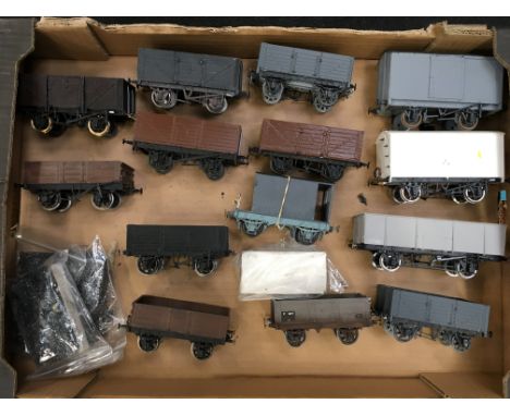 14 x unlettered plastic Kit built Goods Wagons - 11x Open wagons, 2 x Closed Vans and a Brake Van and 4 x Wagon Loads. Fair P