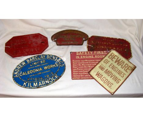 2 x original Wagon Owner Plates, an original  Wagon Repair Plate, a replica works plate and 2 x original tinplate notices - S