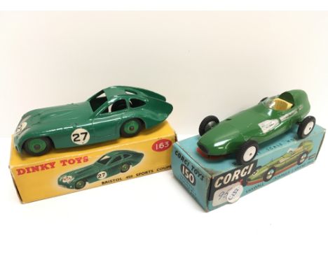 Dinky Toys 163 Bristol 450 Sports Coupe in green with ridged hubs and RN '27' (G/VG in G box). Together with Corgi Toys 150 V