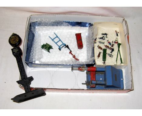 A tray containing Gauge 00 and 0 Platform Accessories and a Hornby No2 Hydraulic Buffer Stop - a BING Gauge 0 Station Sign mi