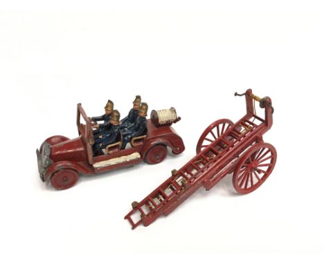 Taylor and Barrett Fire Engine and Escape, with red metal wheels, metal hose reel and four firemen figures. Appears G. 