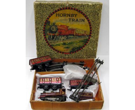HORNBY 0 Gauge No 1 C/W LMS Passenger Set c1929 comprising a No 1 Maroon 0-4-0 with Gold bands, Brass Dome and LMS to splashe
