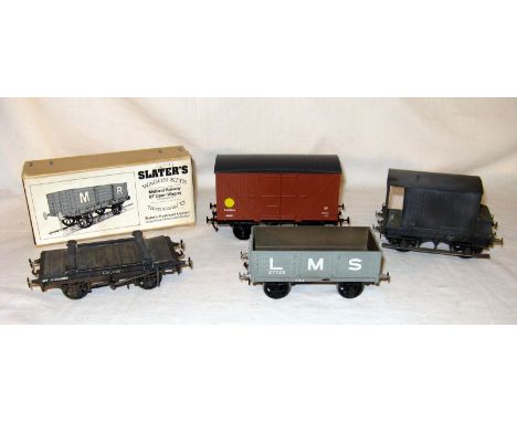3 x plastic Kit Built wagons, an ABS Wagon and an unmade Slater Kit - a BR Brown Banana Van # 880452 (expertly made in Excell