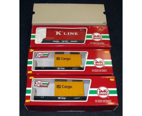 LGB 3 x Container Wagons - 9-963 LB Cargo Flats with Containers x 2 and 41853 K - Line TTX bogie Wagon and Container. All Min