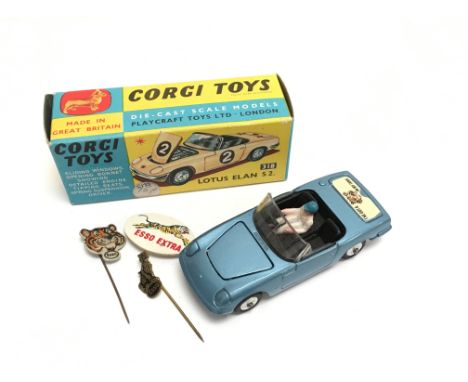 Corgi Toys 318 Lotus Elan S2 in metallic blue with driver and Esso 'I've Got A Tiger In My Tank' decal to rear. VG/E with sma